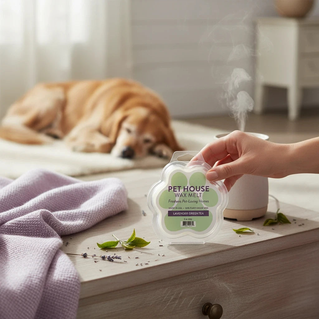 Mellow Monkey Lavender Green Tea paw-shaped wax melt held by a hand with a sleeping dog in the background