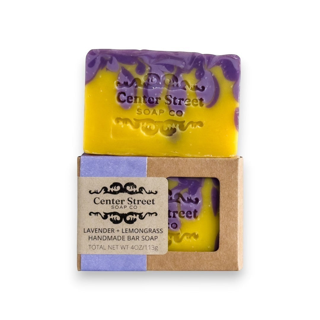 Mellow Monkey Lavender and Lemongrass vegan handmade bar soap, yellow with purple swirls, 4 oz.