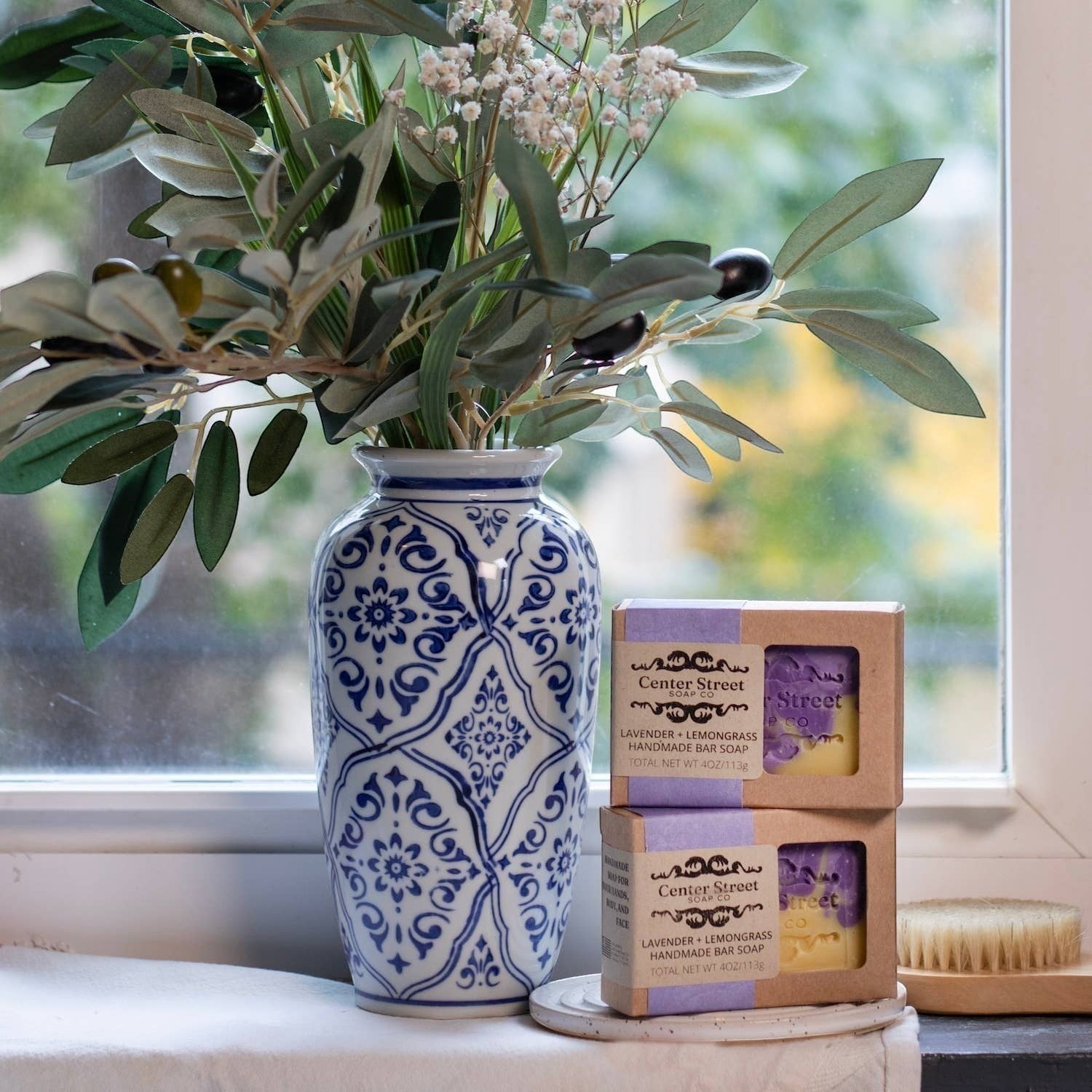 Mellow Monkey Lavender and Lemongrass vegan handmade bar soap, 4-oz, in kraft box with window.