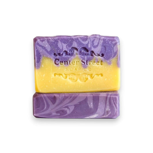 Mellow Monkey Lavender and Lemongrass vegan handmade soap bar, marbled purple and yellow, 4-oz