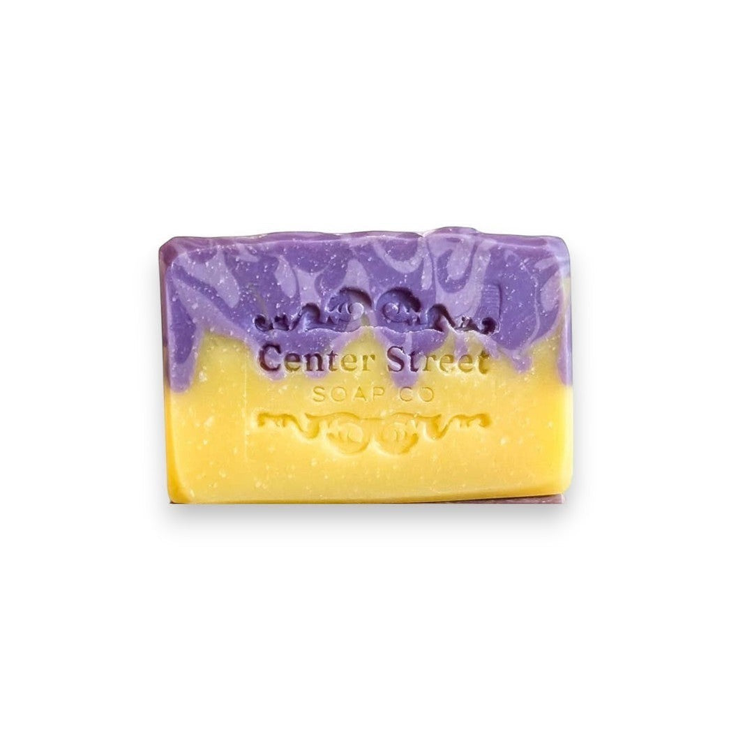 Mellow Monkey Lavender and Lemongrass vegan handmade bar soap, purple and yellow marbled design, 4-oz