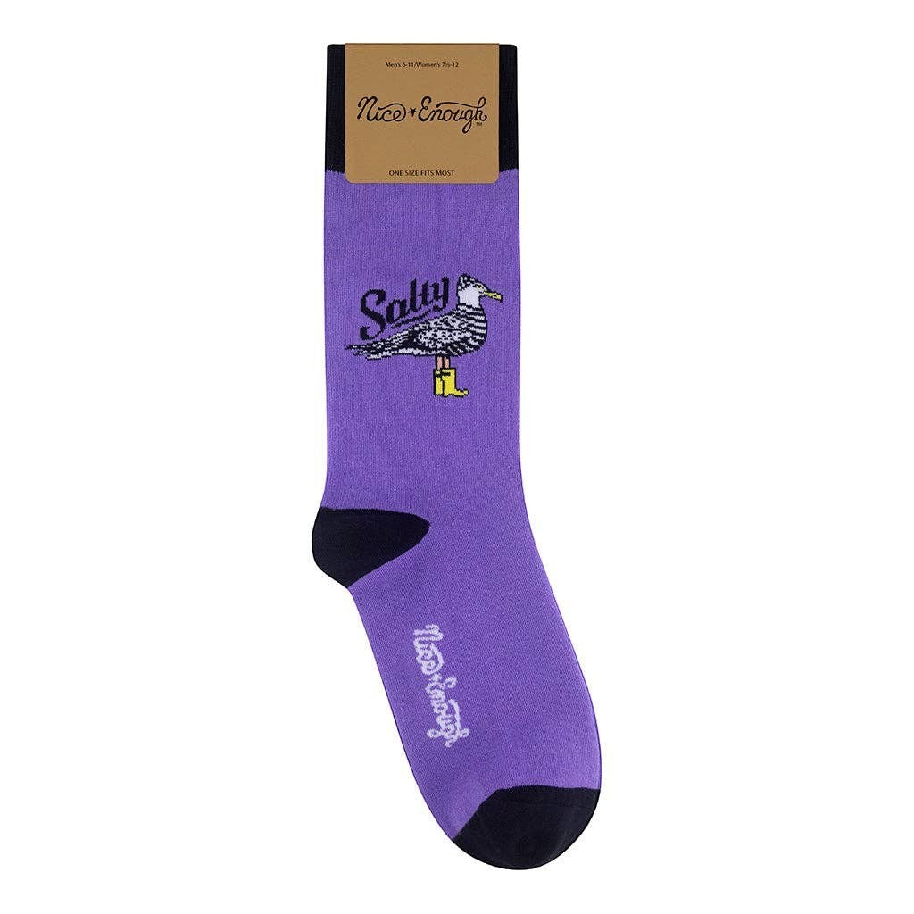 Mellow Monkey lavender novelty socks featuring a seagull in yellow rain boots with the text Salty