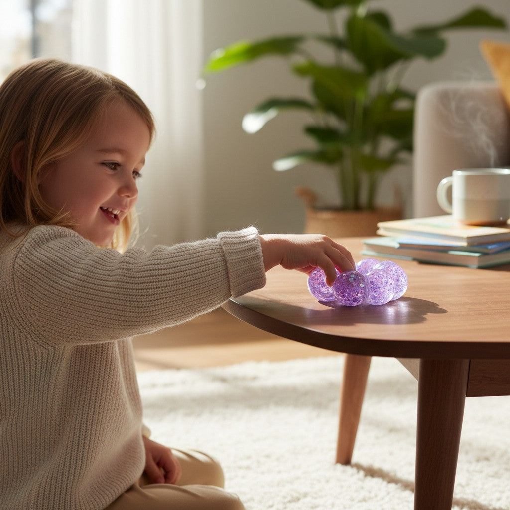 A young girl smiling while playing with a Mellow Monkey Lavender Sparkle Feelzies sensory squishy bracelet on a table.