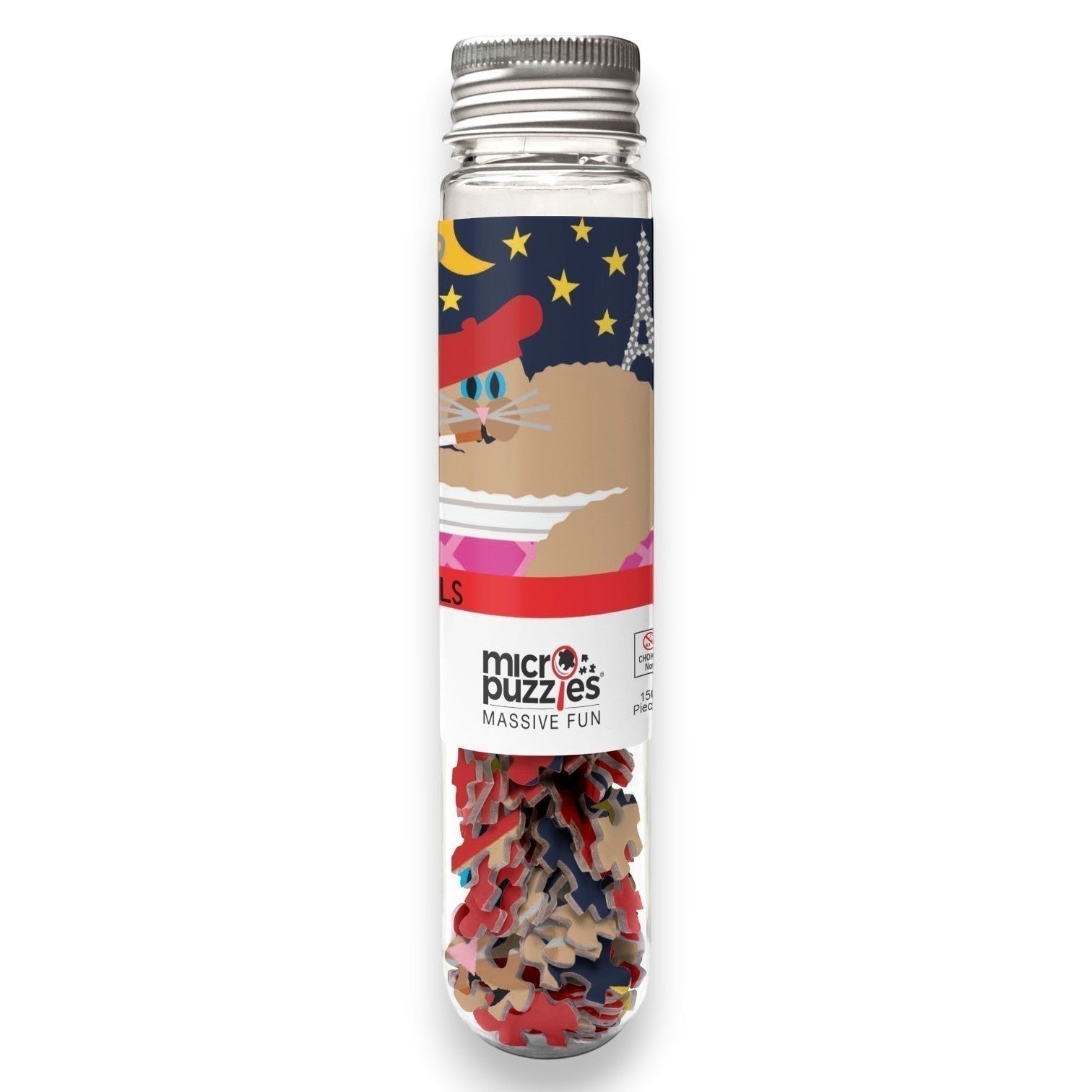 Mellow Monkey Le Chat Micro Puzzle, a 150-piece jigsaw in a test tube featuring a cat in a beret with Paris skyline.
