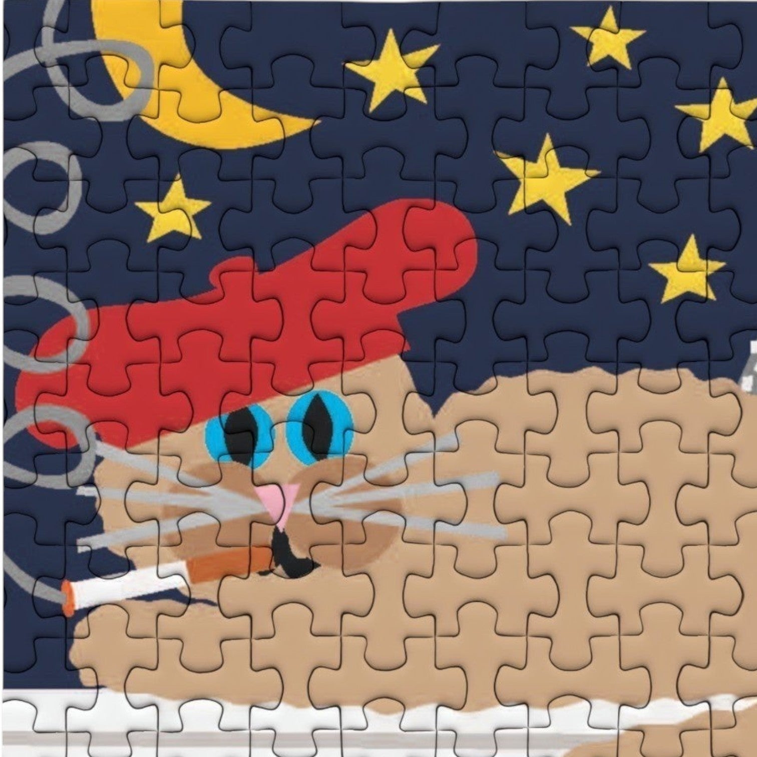 Mellow Monkey Le Chat micro puzzle featuring a tan cat wearing a red beret and smoking, with a night sky and Eiffel Tower.