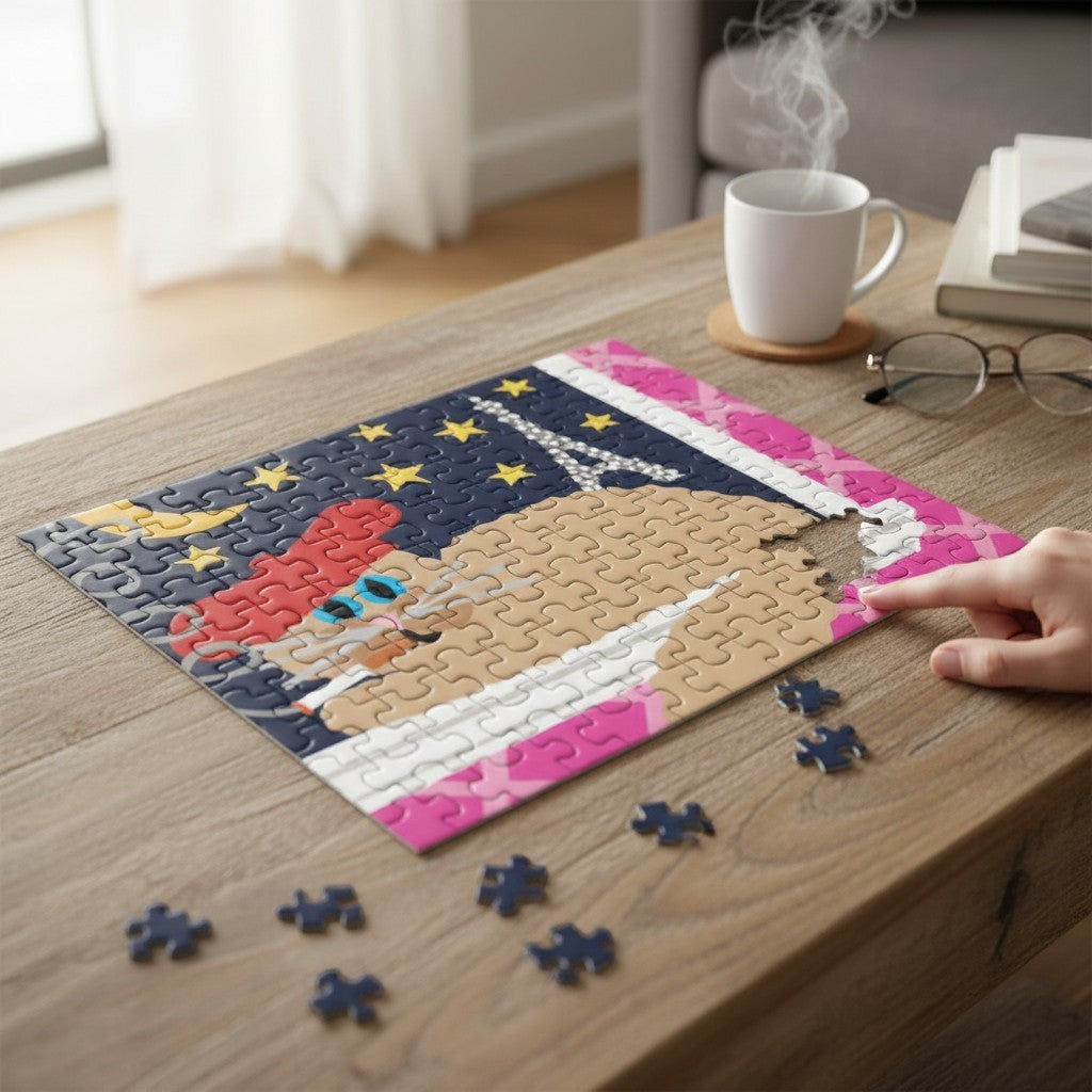 Mellow Monkey Le Chat micro puzzle featuring a tan cat wearing a red beret and smoking a cigarette, with a moon, stars, and Eiffel Tower in the background.