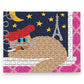 Mellow Monkey Le Chat micro puzzle featuring a tan cat wearing a red beret and smoking a cigarette, with a crescent moon, stars, and Eiffel Tower in the background.
