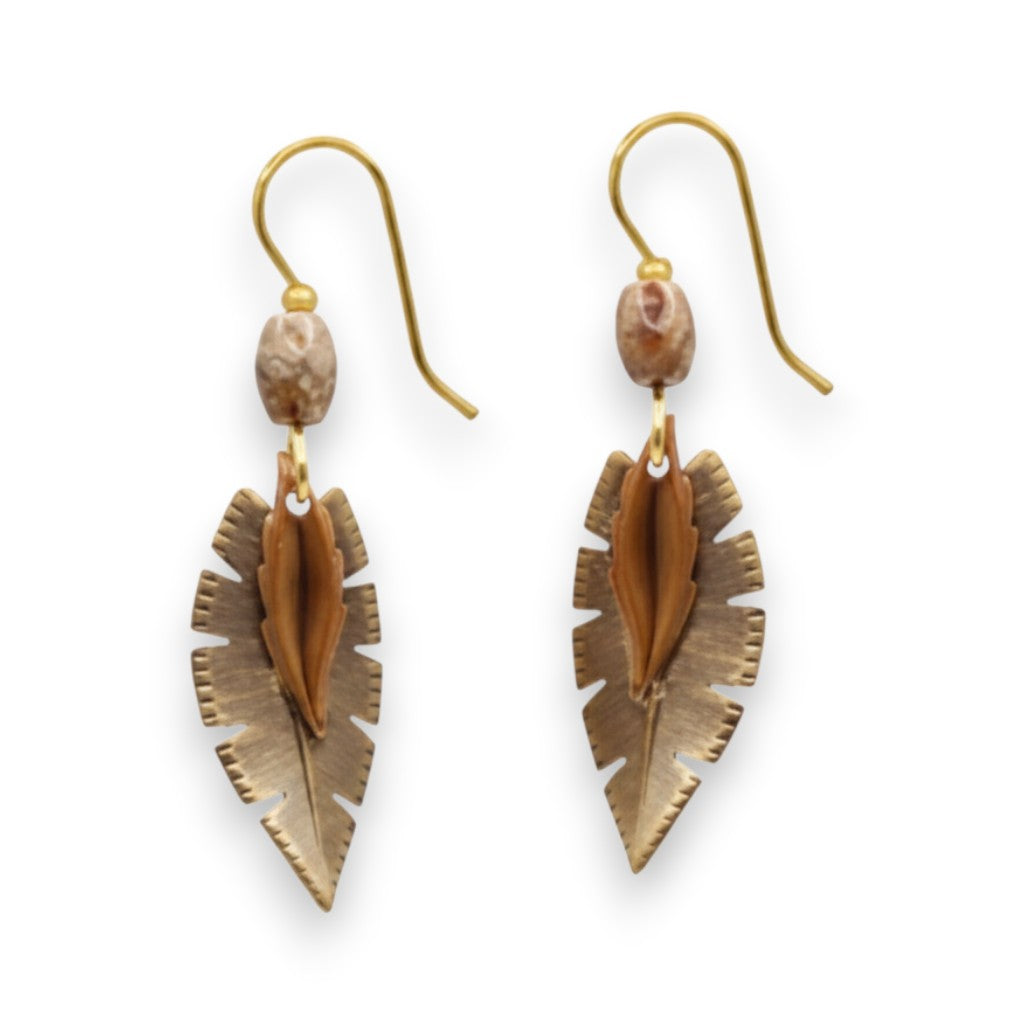 Mellow Monkey leaf-shaped drop earrings with textured gold-tone metal, brown accents, and surgical steel ear wires.