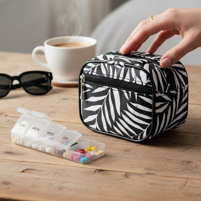 Mellow Monkey black and white leaf print zippered pill and vitamin case with 8 interior compartments and front pocket.