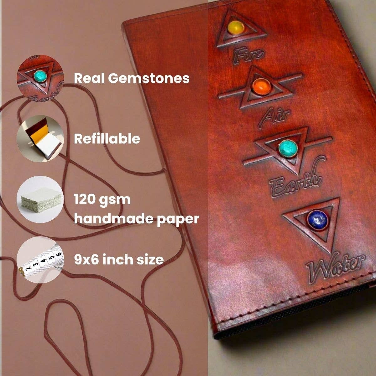 Mellow Monkey reddish-brown leather journal with elemental symbols (Fire, Air, Earth, Water) and gemstone accents, cord closure. 9x6 inch.