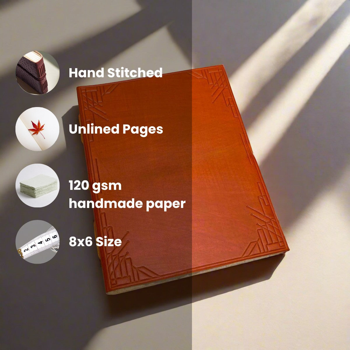 Mellow Monkey hand-stitched tan leather journal with debossed corners, unlined 120gsm paper, 8x6 size, and elastic closure.