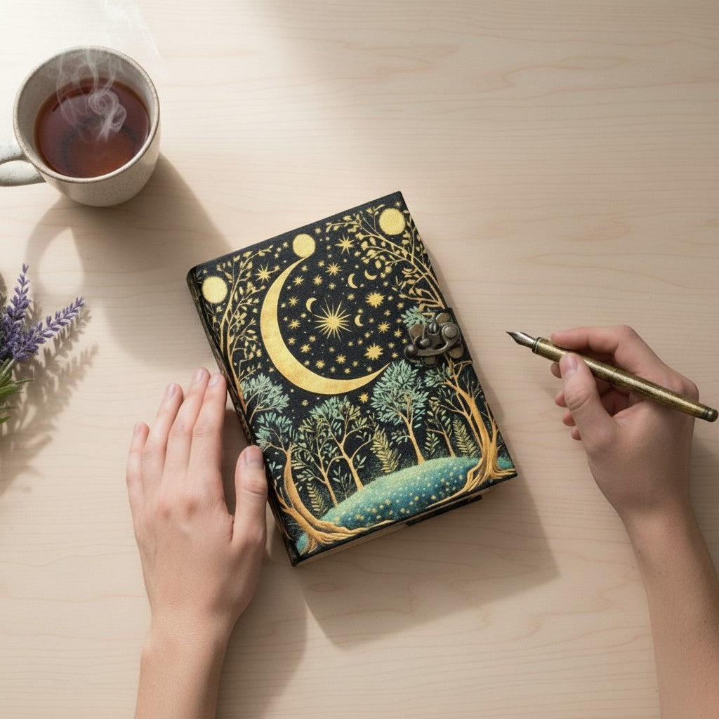Mellow Monkey vintage leather spellbook with moon and stars design, 200 pages, 5x7 inches.