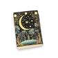 Mellow Monkey Moon and Stars vintage leather spellbook with a crescent moon and starry night sky design.