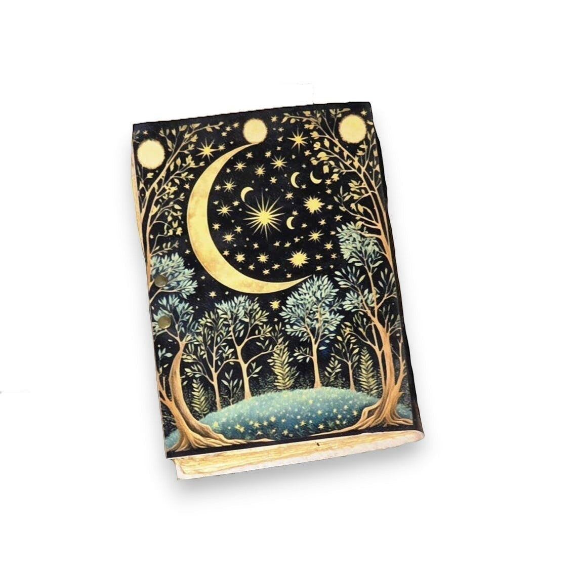Mellow Monkey Moon and Stars vintage leather spellbook with a crescent moon and starry night sky design.