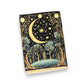 Mellow Monkey Moon and Stars vintage leather spellbook with a crescent moon and starry night sky design.