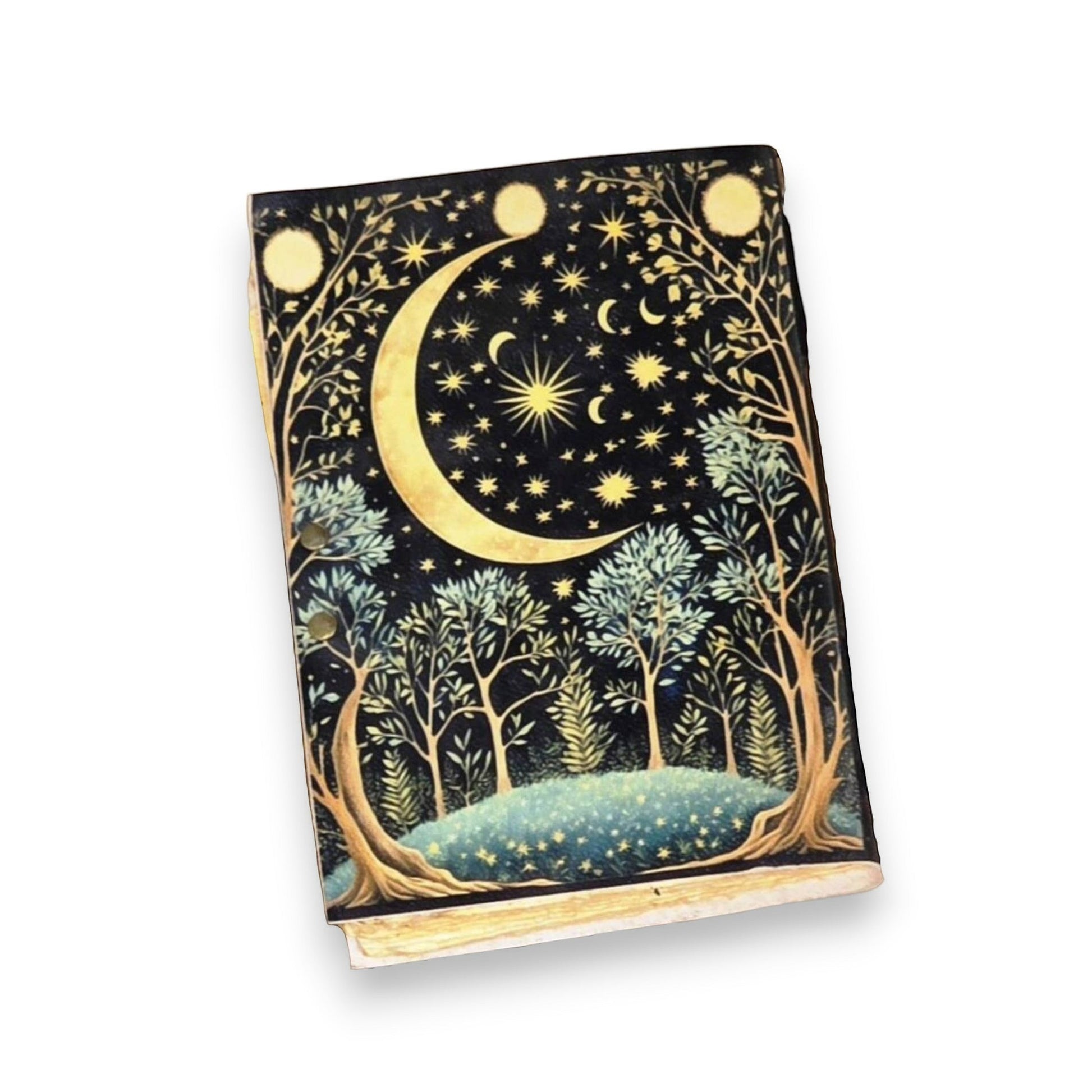 Mellow Monkey Moon and Stars vintage leather spellbook with a crescent moon and starry night sky design.