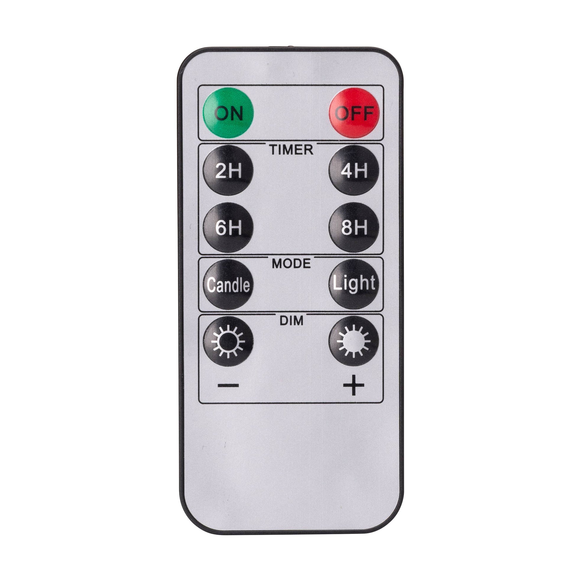 Mellow Monkey remote control for flameless LED candles with timer, mode, and brightness settings on a white background