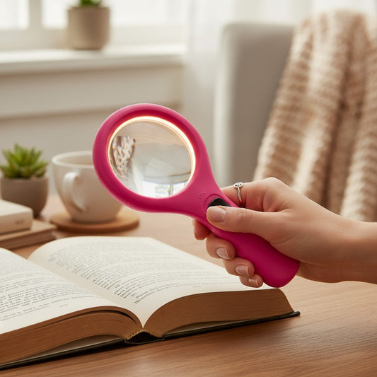 Mellow Monkey bright pink LED magnifier with 2.5X magnification and 3 lights, ideal for crafting and reading.