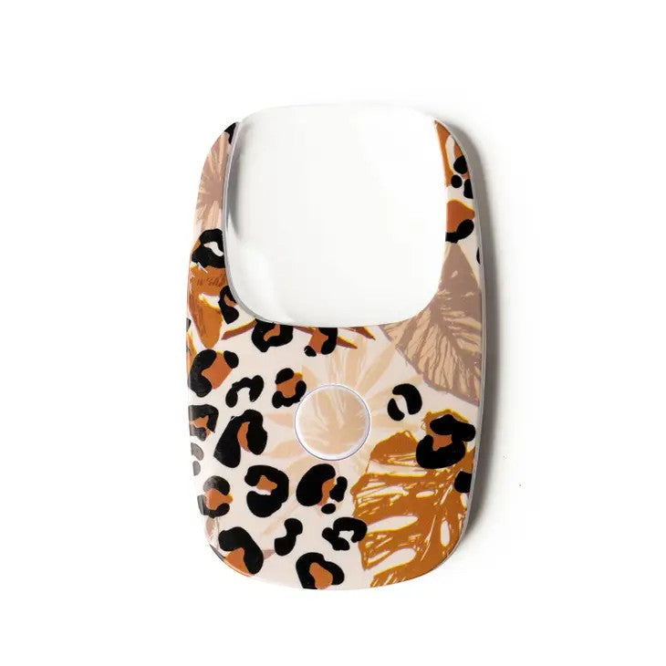 Mellow Monkey LED pocket magnifier with leopard print and tropical leaves design, 2X magnification.