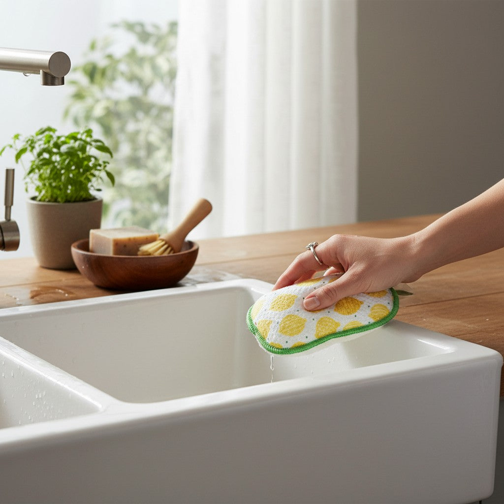 Mellow Monkey lemon print absorbent kitchen sponge held over a white farmhouse sink