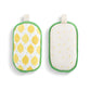 Mellow Monkey set of two reversible absorbent kitchen sponges featuring a yellow lemon pattern and green trim.