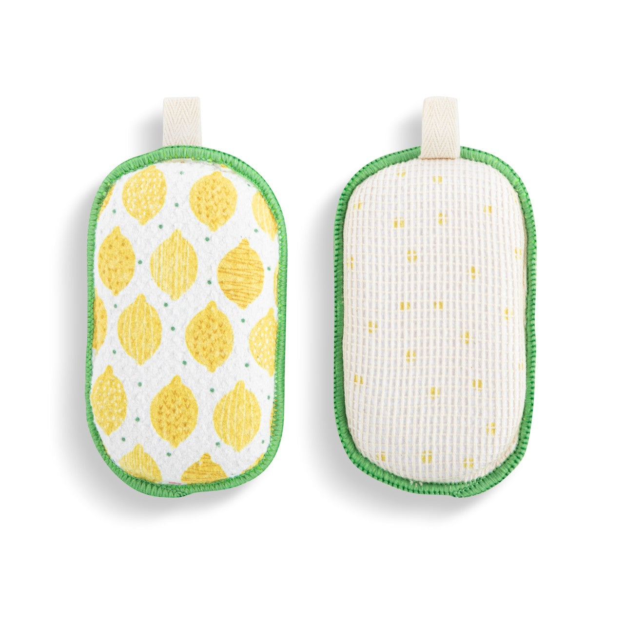 Mellow Monkey set of two reversible absorbent kitchen sponges featuring a yellow lemon pattern and green trim.