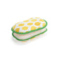 Mellow Monkey absorbent kitchen sponges featuring a yellow lemon pattern with green stitched edges.