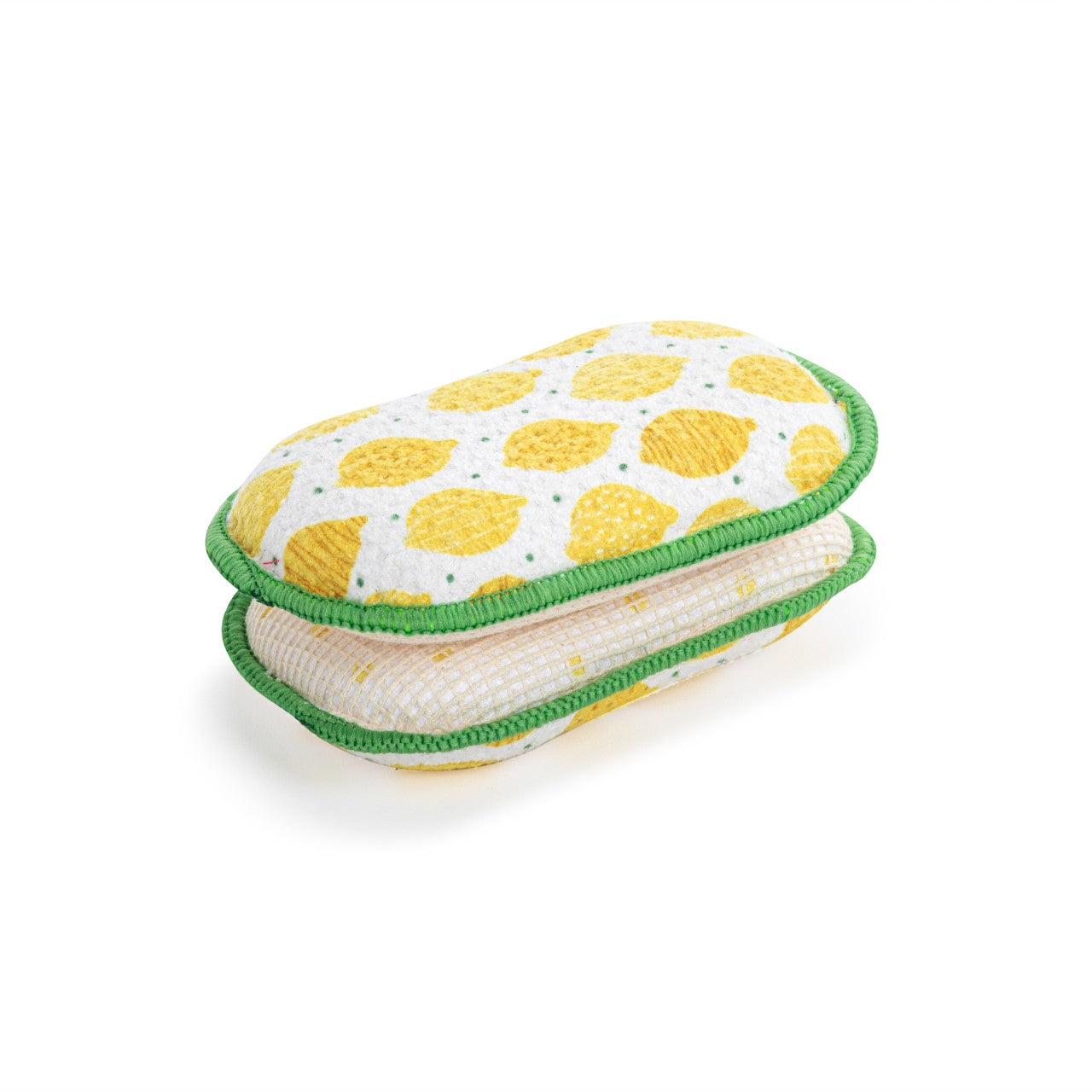 Mellow Monkey absorbent kitchen sponges featuring a yellow lemon pattern with green stitched edges.