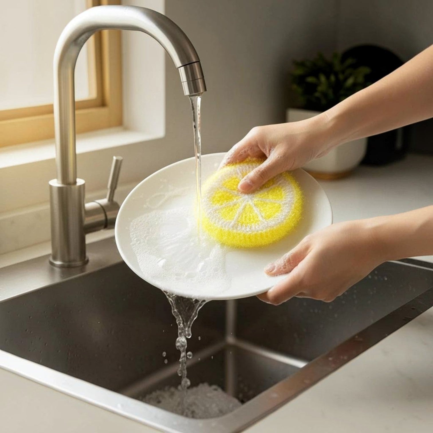 Mellow Monkey Citrus Squeeze Scrubby washing a white plate under a kitchen faucet with yellow lemon-shaped design