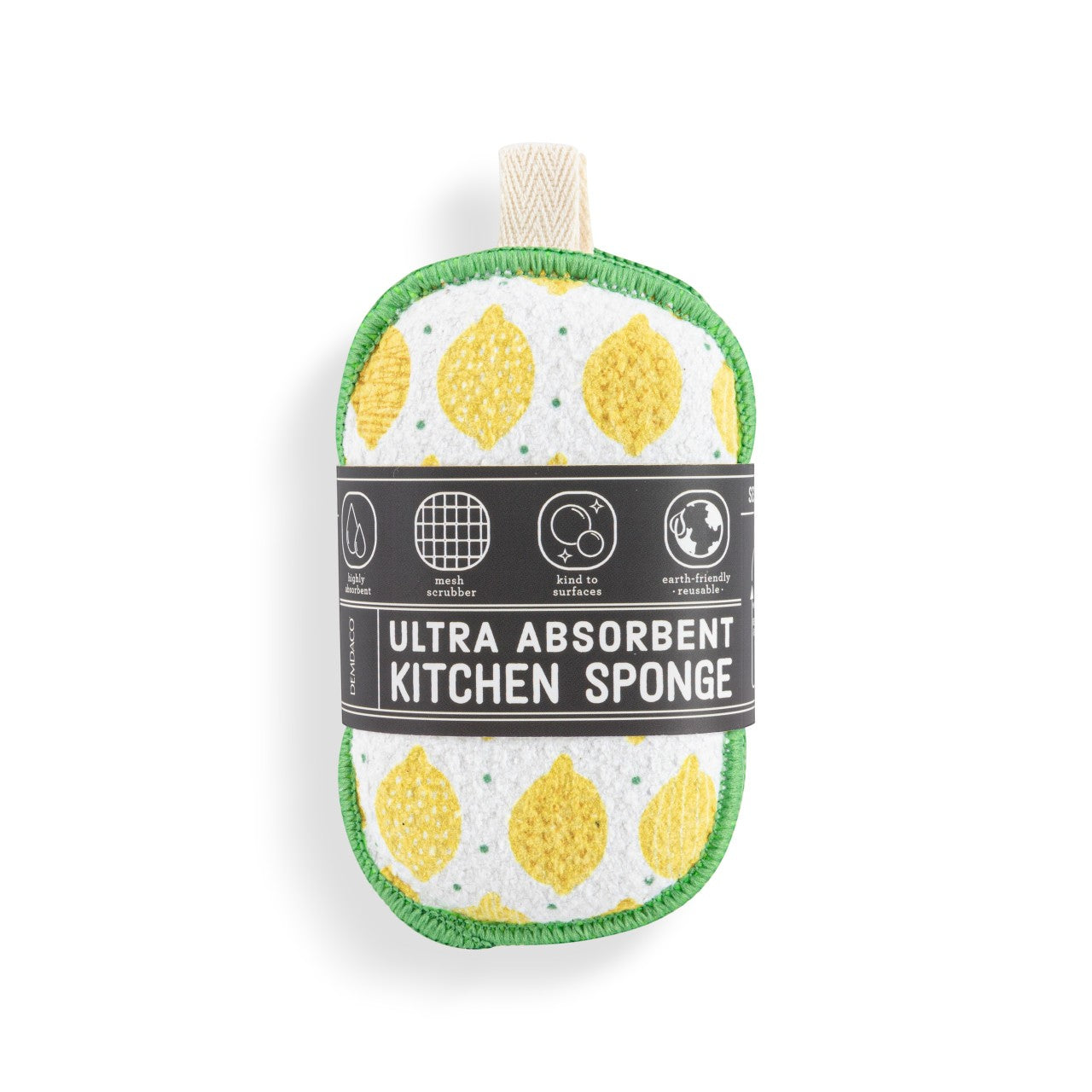 Mellow Monkey lemon-patterned absorbent kitchen sponge with a green mesh scrubber edge and hanging loop