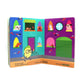 Mellow Monkey Lemon Lesson board book features a cheerful lemon character with glasses walking past colorful buildings with dogs in windows.