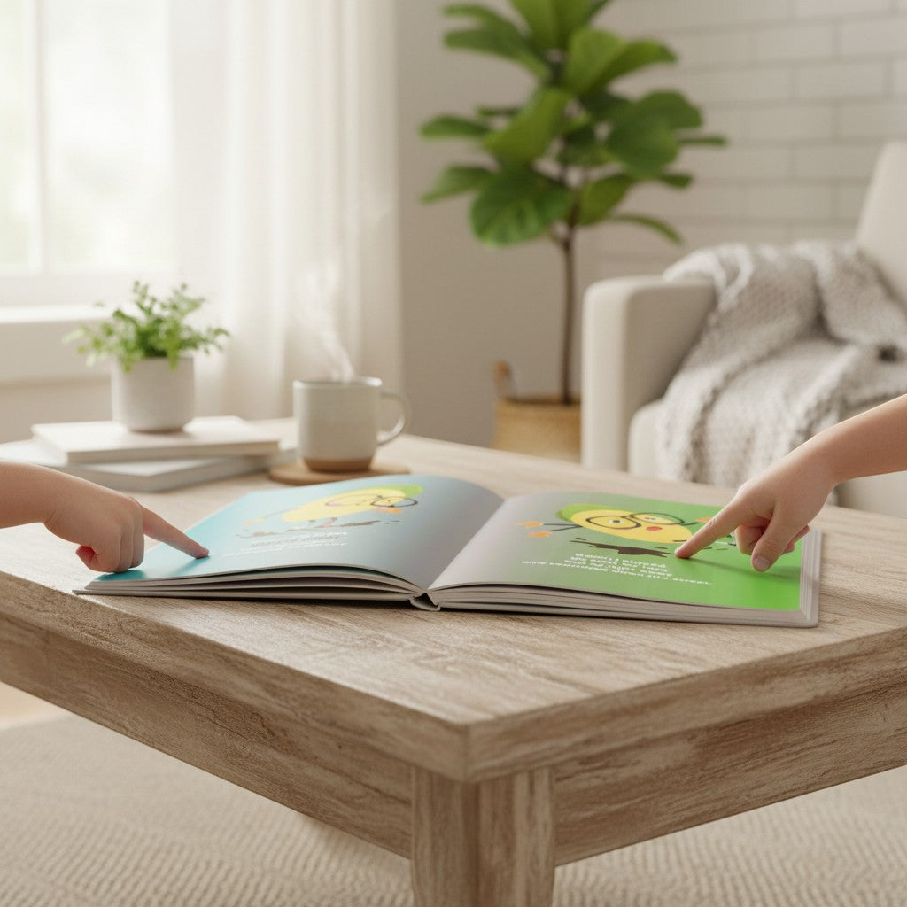 Mellow Monkey's Lemon Lesson board book, featuring a cheerful lemon character on bright green and blue pages, with children's hands pointing at illustrations.