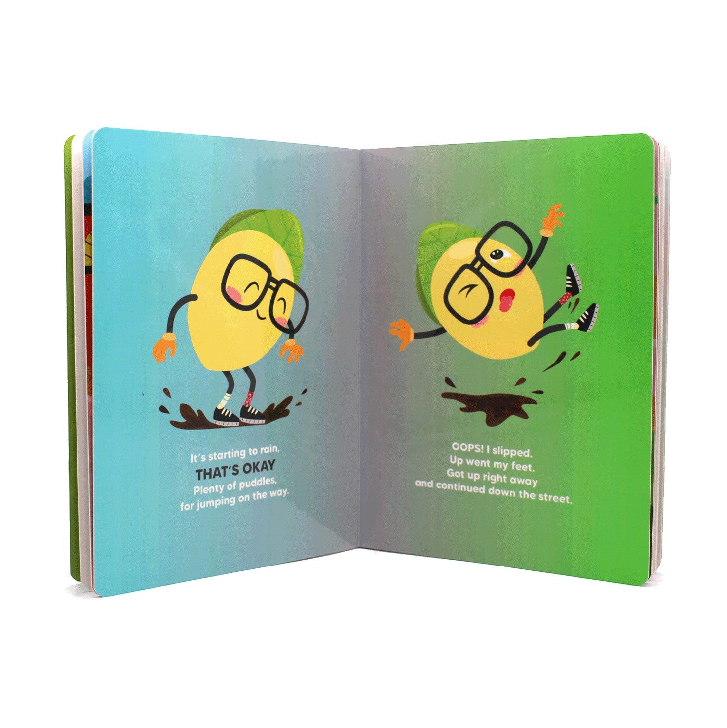 Mellow Monkey Lemon Lesson board book, featuring a cheerful lemon character jumping in puddles and slipping on the street.
