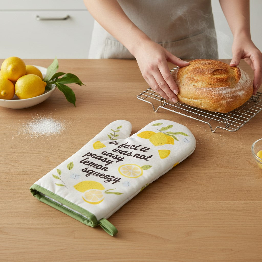 Mellow Monkey white oven mitt with lemons and the phrase "in fact it was not easy peasy lemon squeezy"