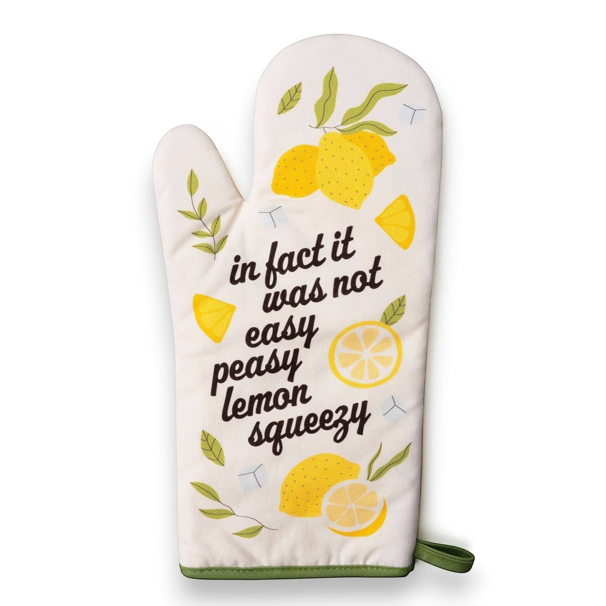 Mellow Monkey white oven mitt with lemons and the phrase "in fact it was not easy peasy lemon squeezy".