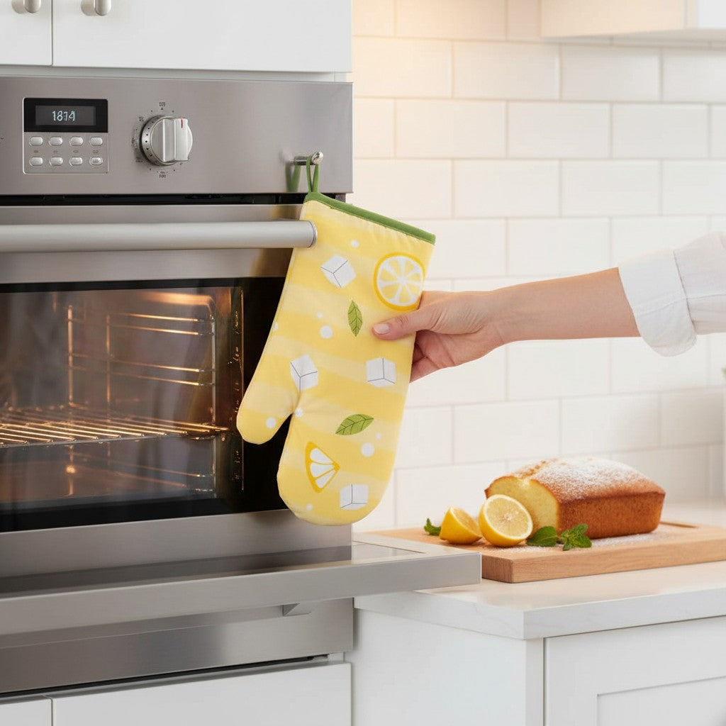 Mellow Monkey yellow oven mitt with lemon slices, ice cubes, and leaves pattern. Heat-resistant padding.