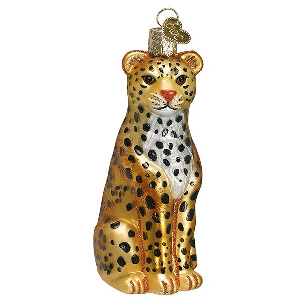 Mellow Monkey Leopard Old World Christmas blown glass ornament, gold with black spots and red nose.