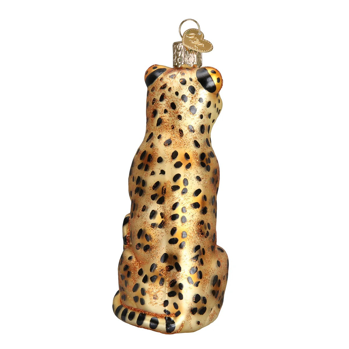 Mellow Monkey Leopard Old World Christmas blown glass ornament, gold with black spots, sitting pose.