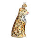 Mellow Monkey Leopard Old World Christmas blown glass holiday ornament, gold with black spots and glitter accents.
