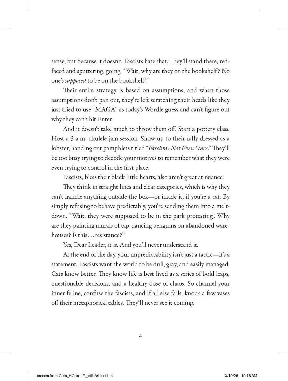 A page from the Mellow Monkey book Lessons from Cats for Surviving Fascism featuring text on resistance tactics.