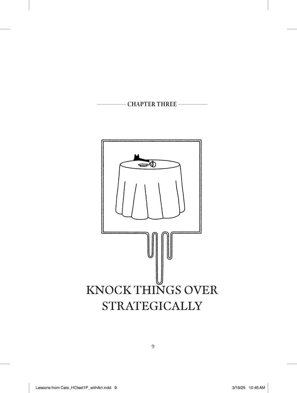 Mellow Monkey book page illustration featuring a cat on a table with the text Knock Things Over Strategically