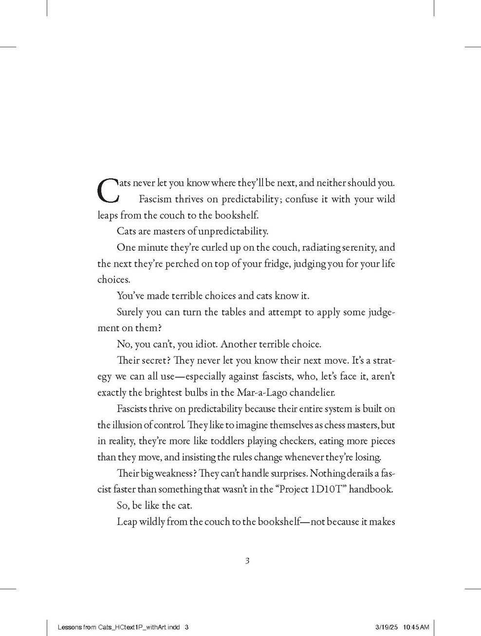 A page from the Mellow Monkey book Lessons from Cats for Surviving Fascism featuring humorous text about cat behavior