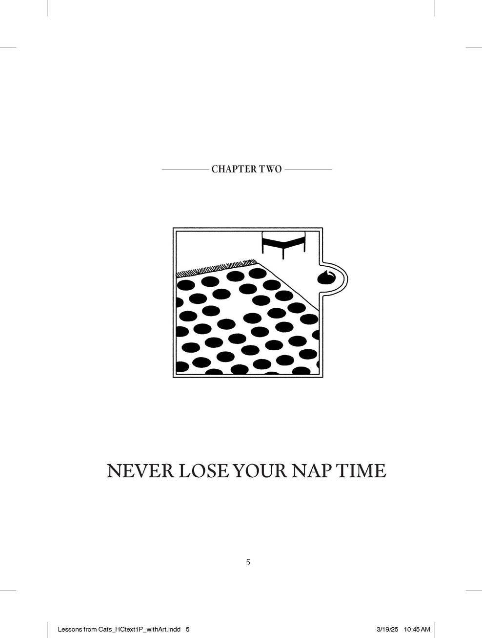 Mellow Monkey book page featuring a minimalist illustration of a cat on a polka dot rug for Chapter Two: Never Lose Your Nap Time.