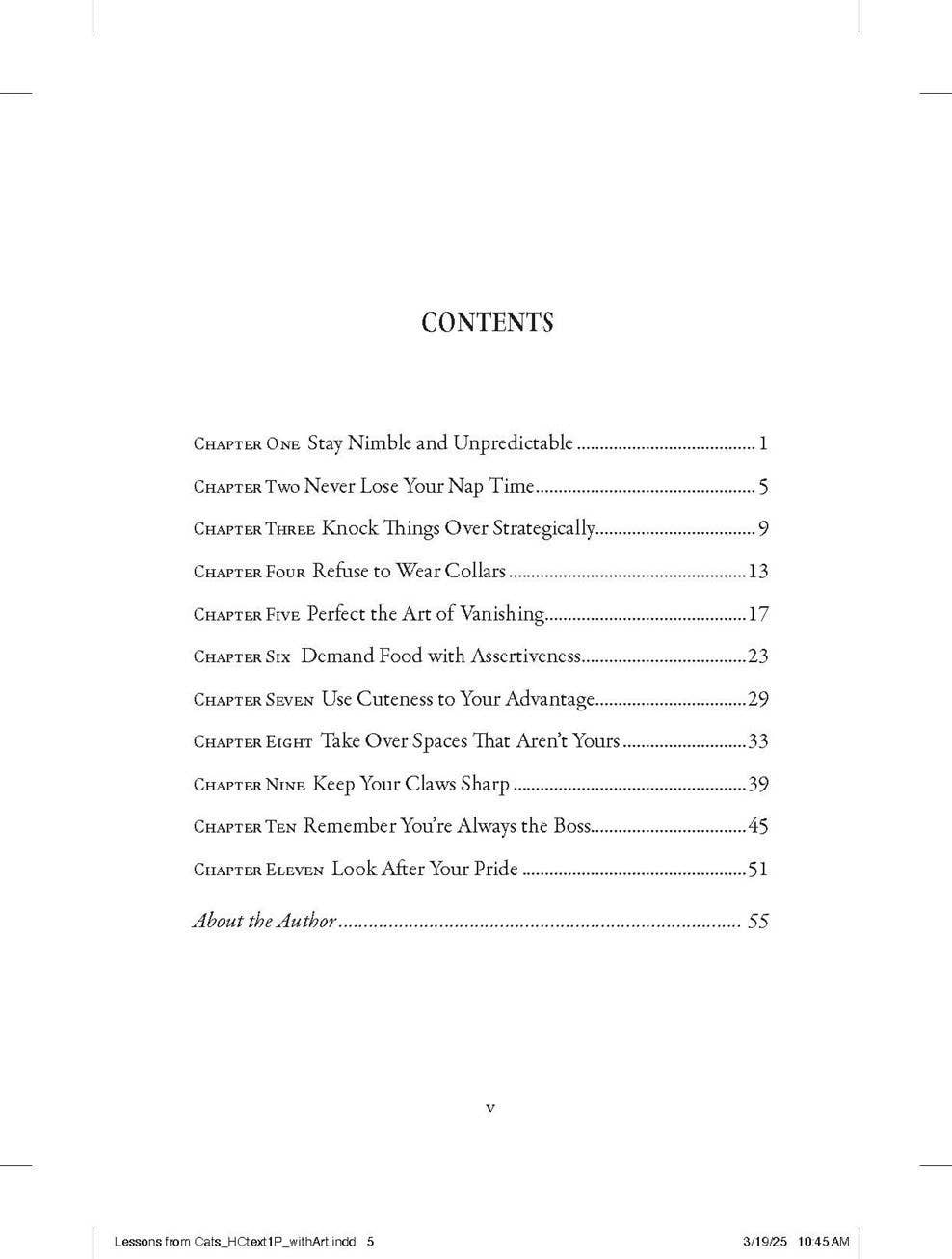 Mellow Monkey book contents page for Lessons from Cats for Surviving Fascism listing eleven cat-inspired chapters.