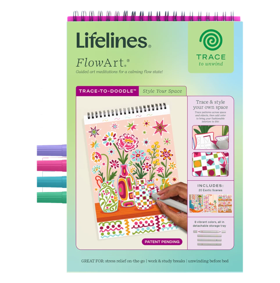 Mellow Monkey Lifelines FlowArt Trace To Doodle pad with 20 meditative scenes and colorful markers for stress relief.