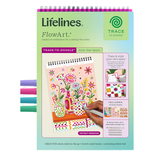 Mellow Monkey Lifelines FlowArt Trace To Doodle pad with 20 meditative scenes and colorful markers for stress relief.