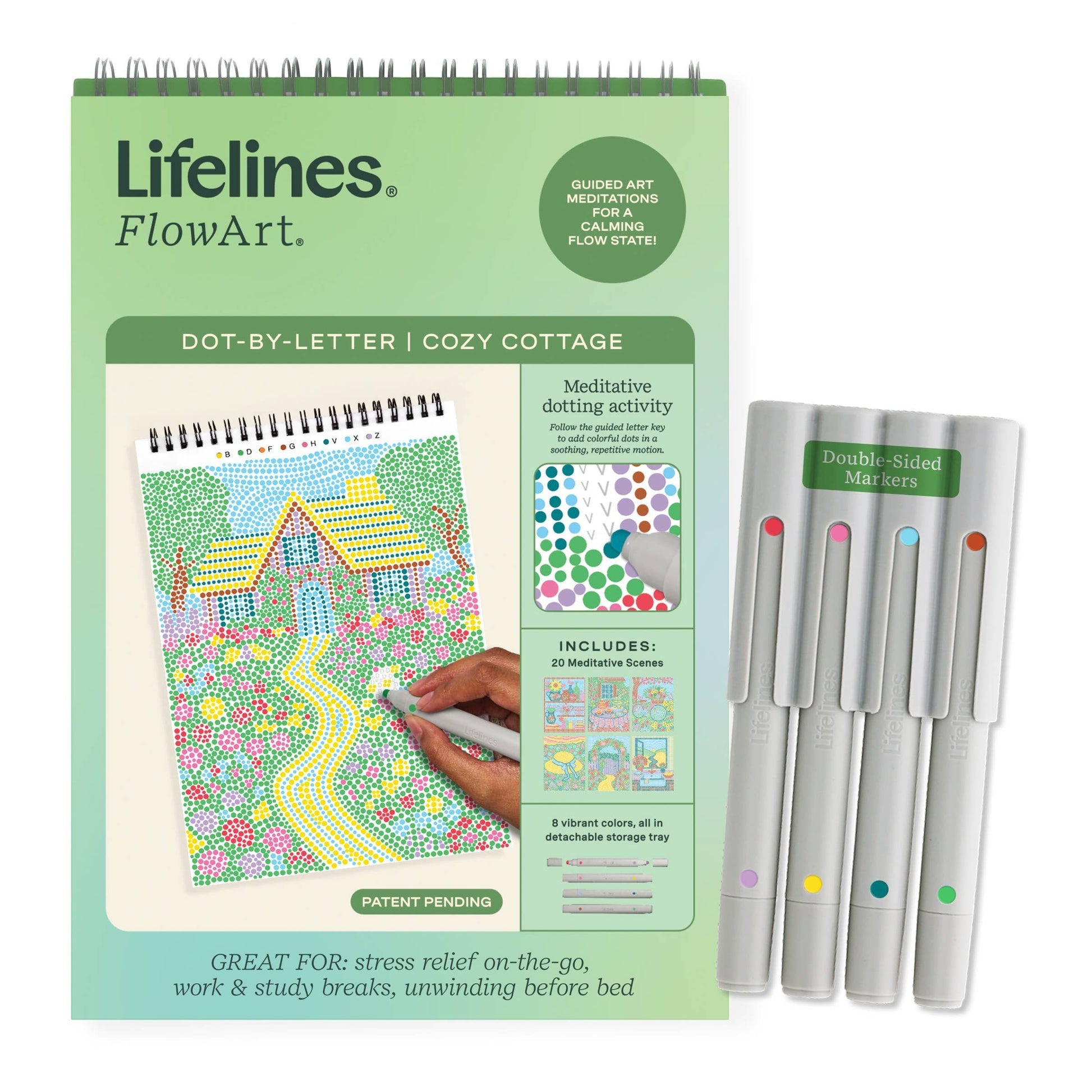 Mellow Monkey Lifelines FlowArt Dot-by-Letter Cozy Cottage pad with 20 meditative scenes and four double-sided markers