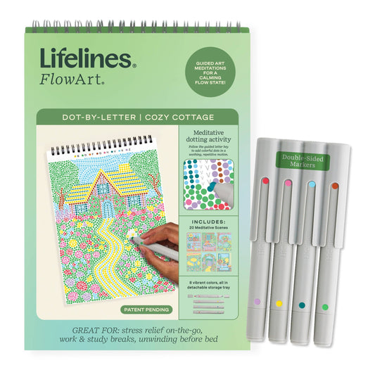 Mellow Monkey Lifelines FlowArt Dot-by-Letter Cozy Cottage pad with 20 meditative scenes and four double-sided markers