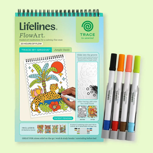 Mellow Monkey Lifelines FlowArt Jungle Oasis trace-by-line art pad with four markers for mindful meditation.