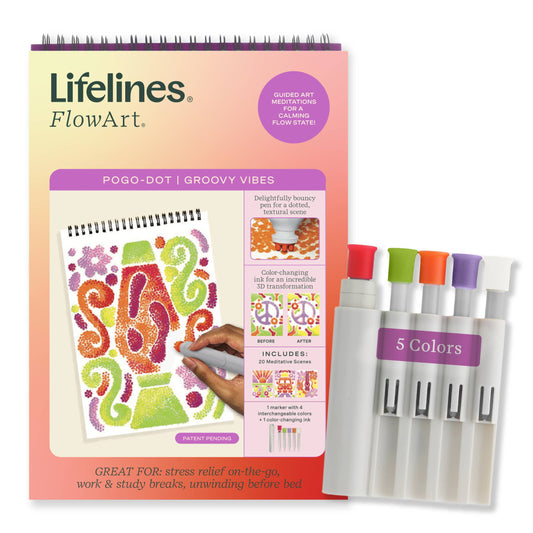 Mellow Monkey Lifelines FlowArt Pogo-Dot meditative coloring kit with bouncy marker and color-changing ink cartridges